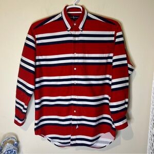 Ralph Lauren Shirt Men’s Medium Red White Blue Stripe Twill Cotton Vintage USA